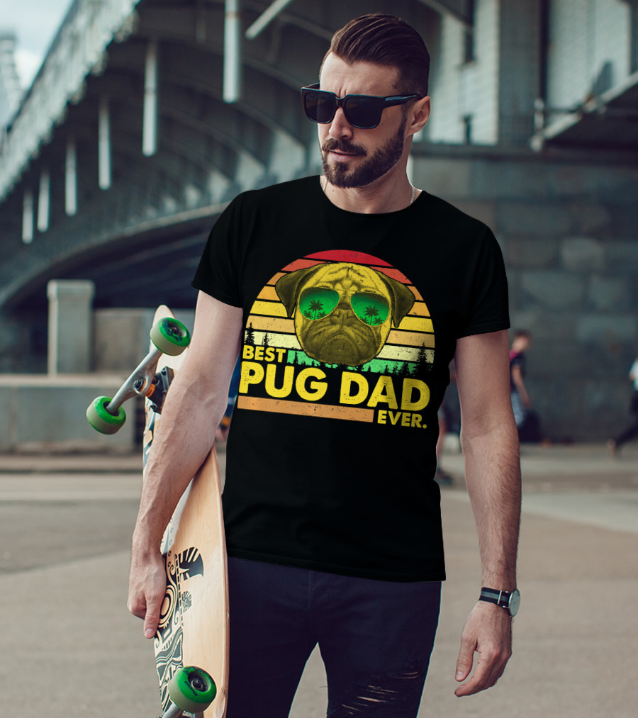 Best Pug Dad Ever Sunglasses Vintage Sunset T-Shirt