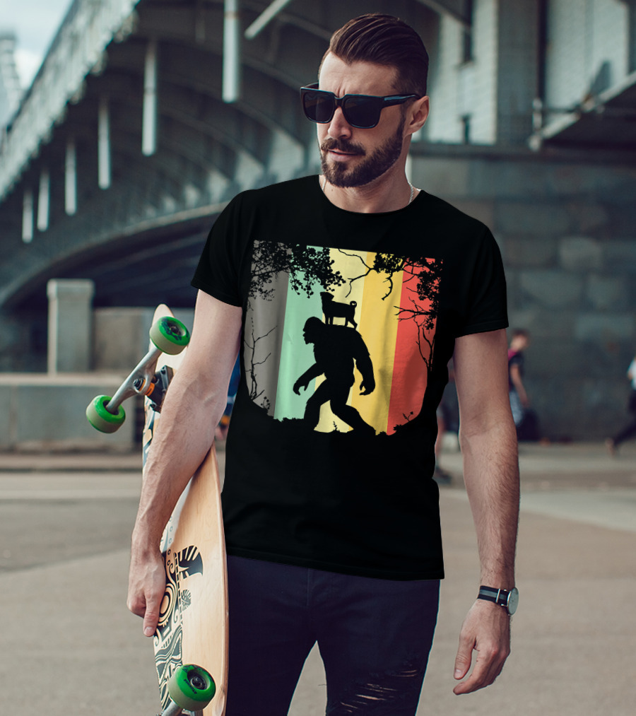 Pug Riding Bigfoot Vintage Retro Sunset Stripes T-Shirt