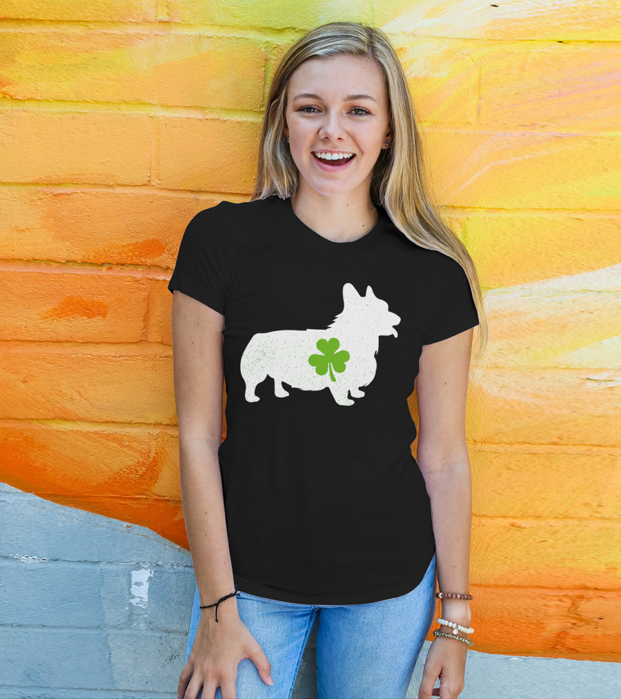 Corgi Silhouette With Green Clover Irish T-Shirt