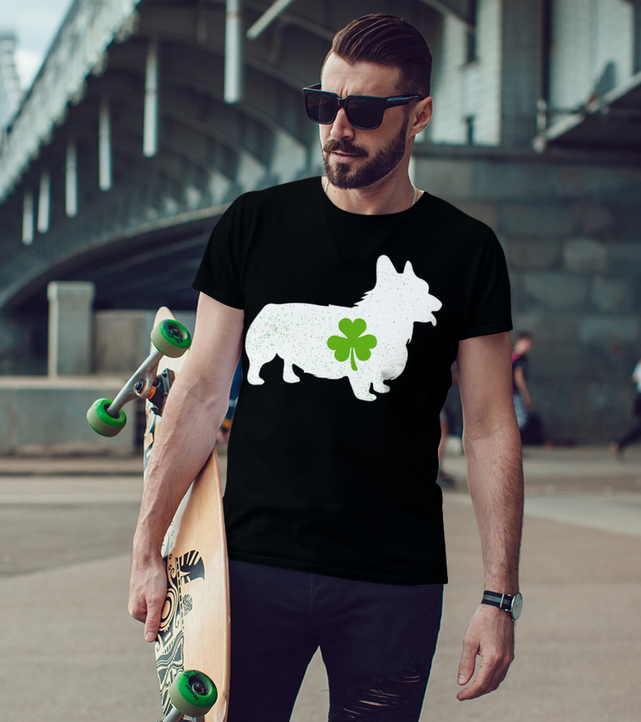 Corgi Silhouette With Green Clover Irish T-Shirt