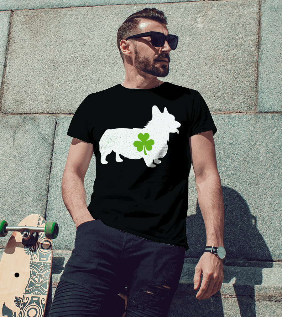 Corgi Silhouette With Green Clover Irish T-Shirt