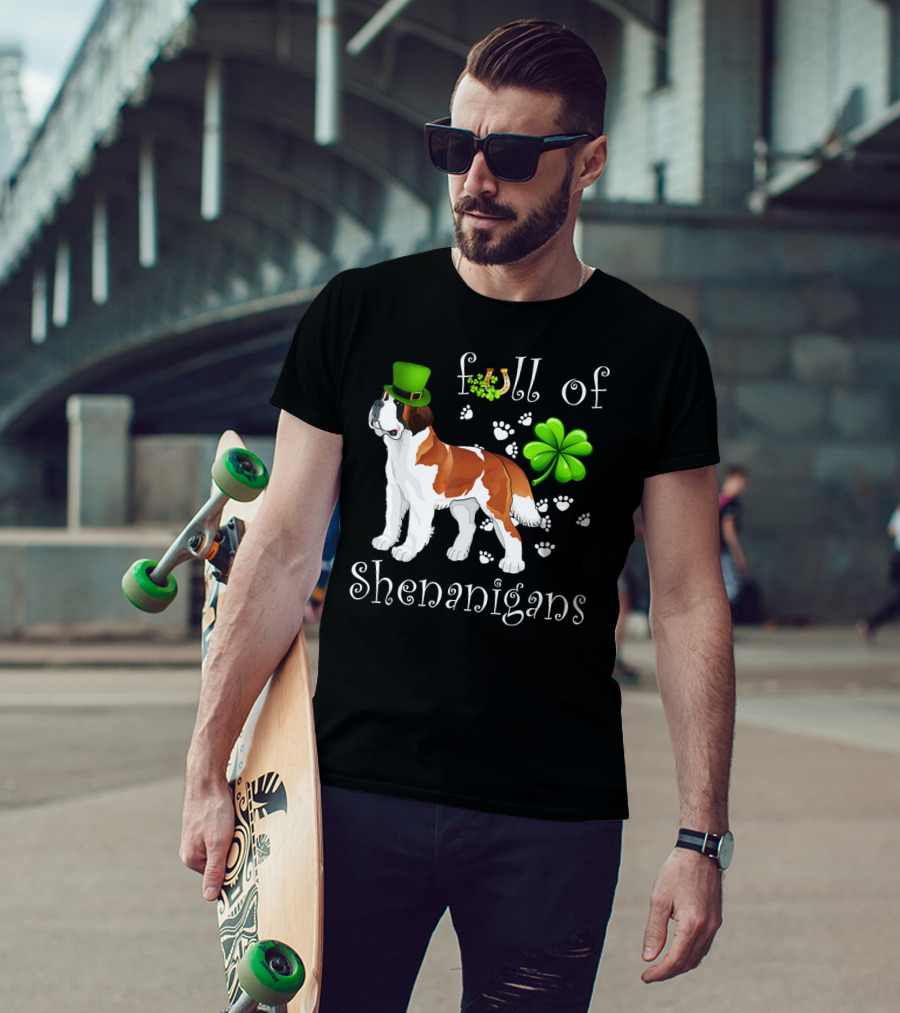 Full Of Shenanigans St Bernard Dog With Shamrock Hat And Paw Prints T-Shirt