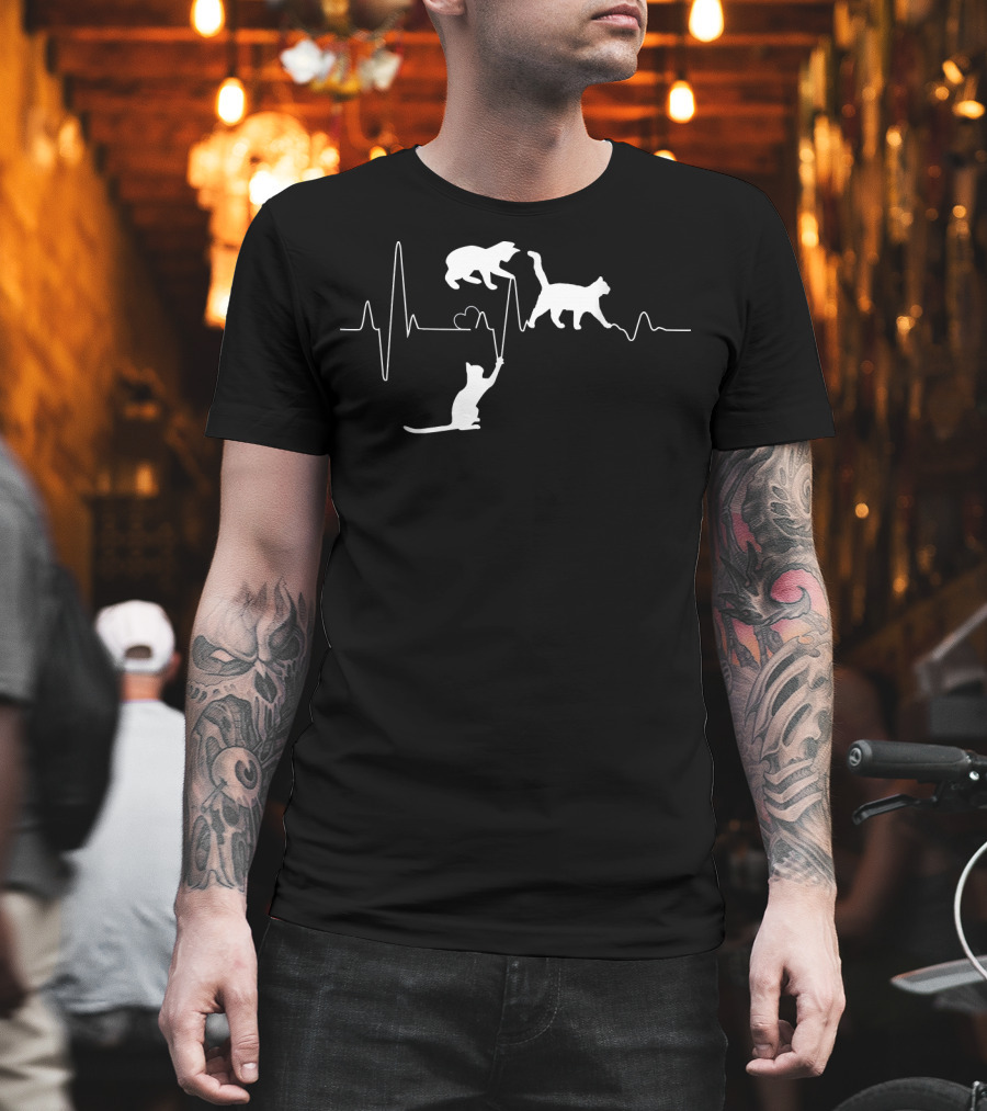 Cat Heartbeat Funny Cats Playing On Heartline T-Shirt
