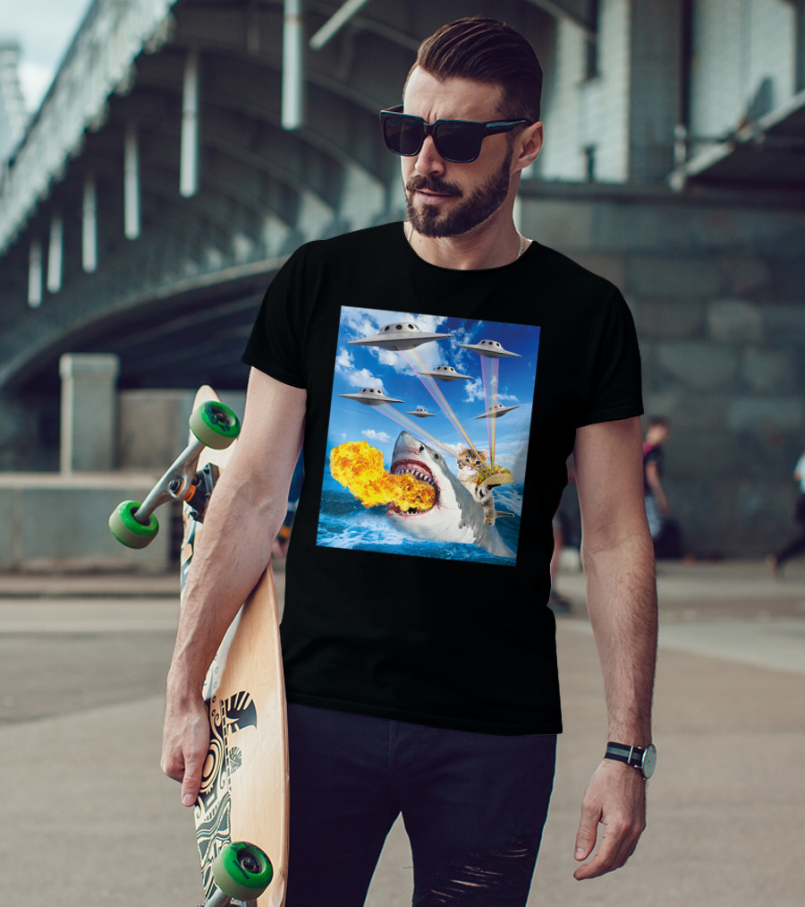 Cat Riding Fire Breathing Shark With UFO Rainbow Lasers And Taco T-Shirt