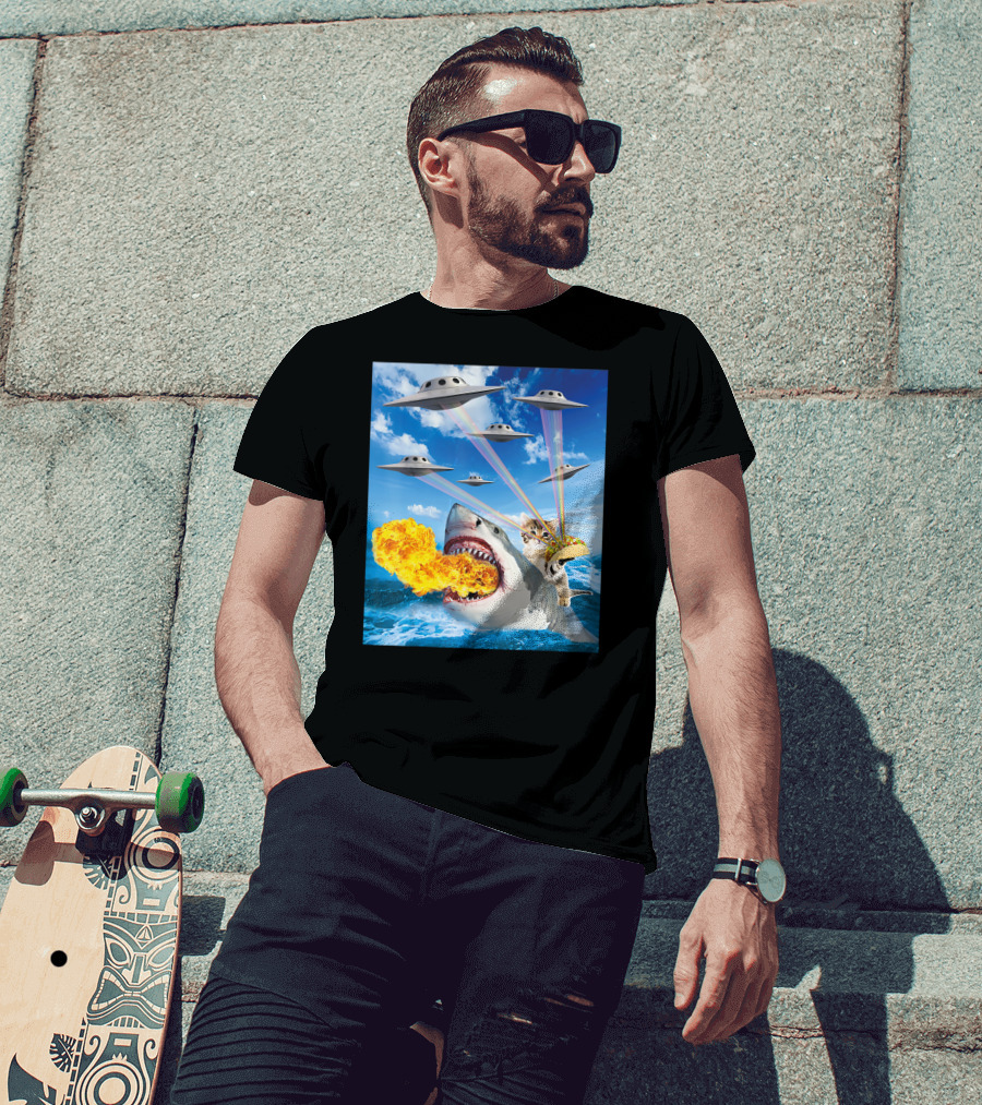 Cat Riding Fire Breathing Shark With UFO Rainbow Lasers And Taco T-Shirt