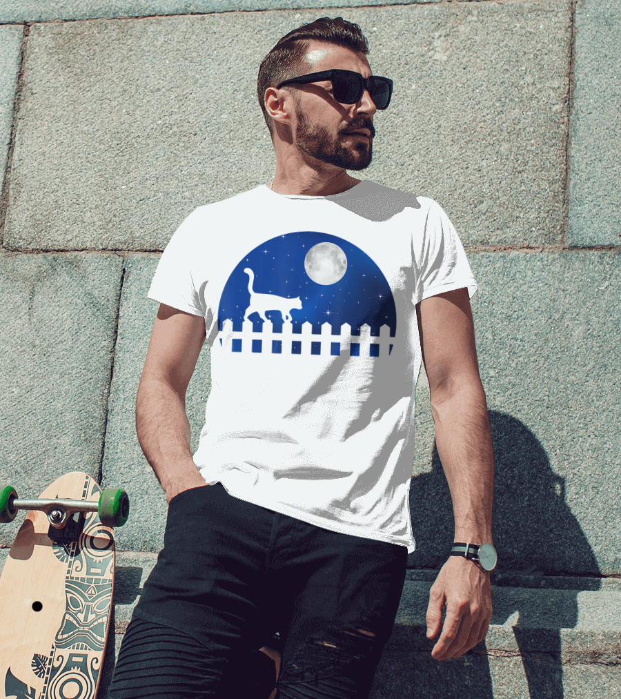 Cat Cat Moon Night Sky Walking Fence T-Shirt