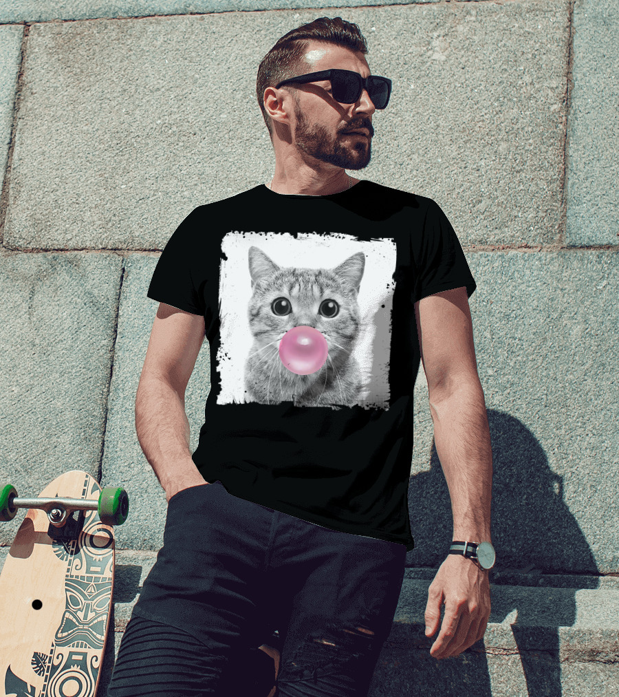 Cute Cat Blowing Pink Bubble Gum For Animal Lover Black And White Sketch T-Shirt