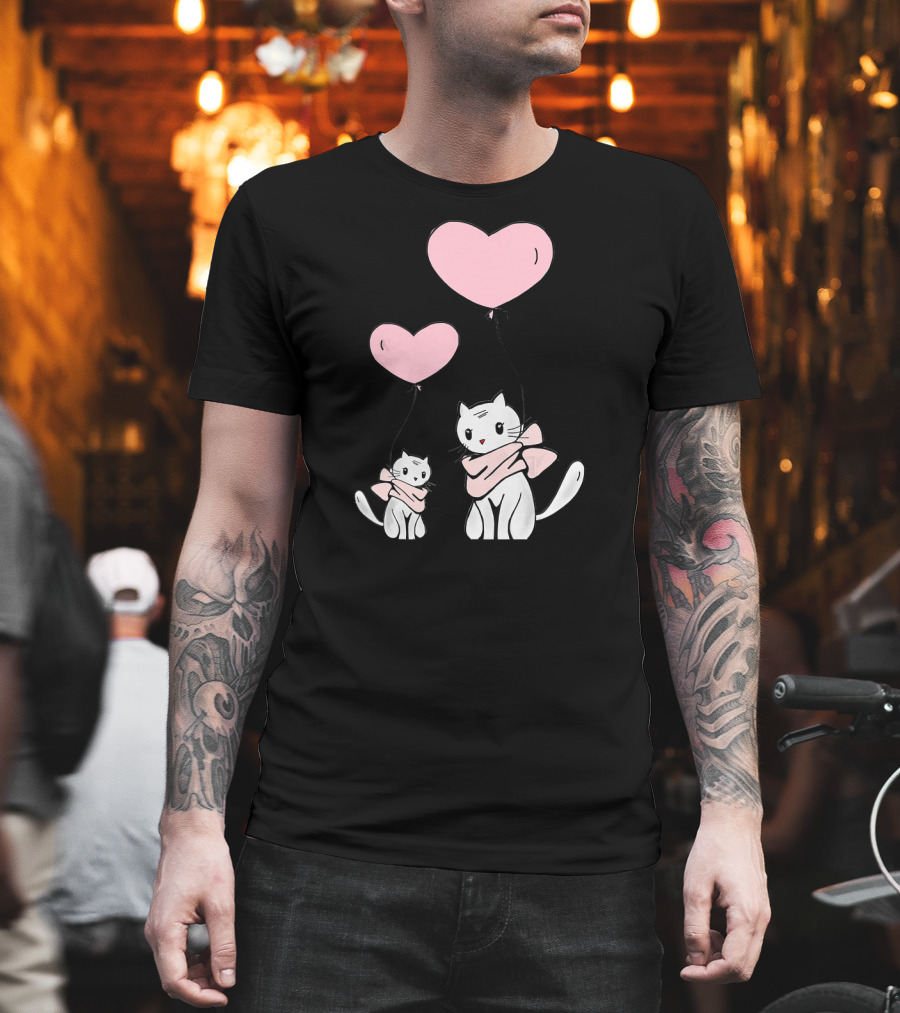 CUTE CATS Wearing Scarves Holding Pink Heart Balloons T-Shirt