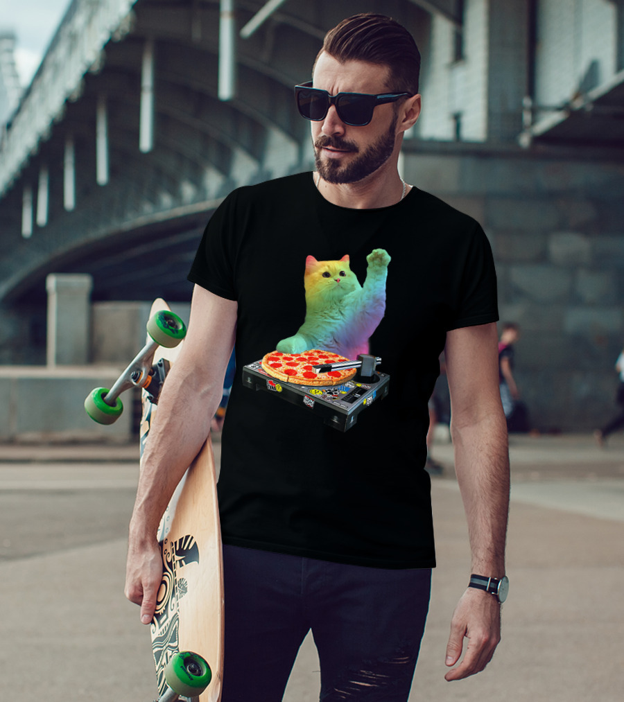 DJ Cat EDM Pizza Turntable Colorful Kitty Music Fun T-Shirt