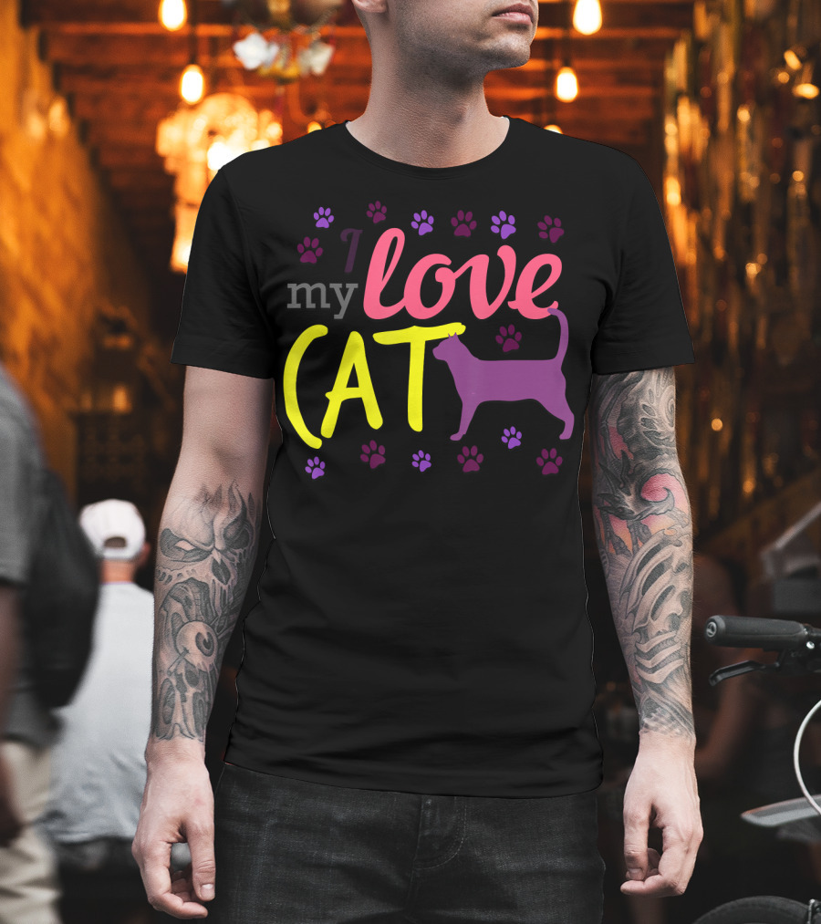 I Love My Cat Feline Owner Cute Pet Purple Paw Prints T-Shirt