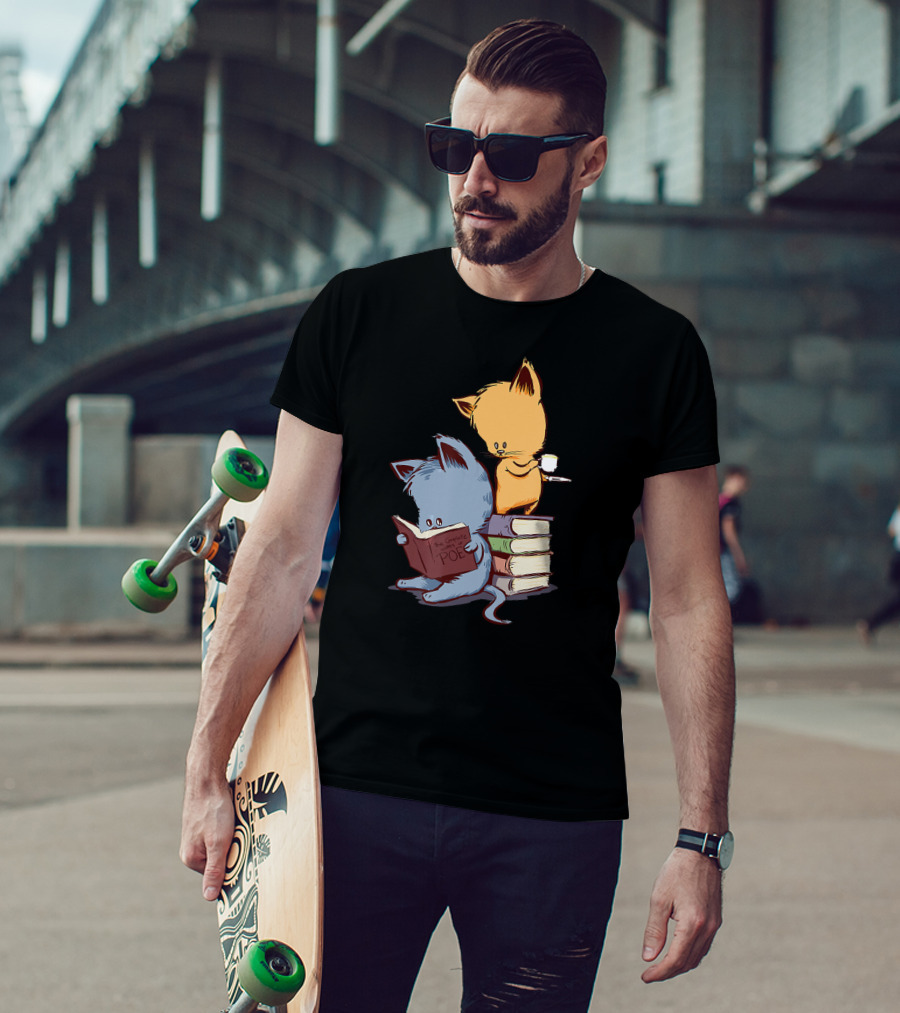 Kittens Reading Edgar Allan Poe With Tea And Books T-Shirt