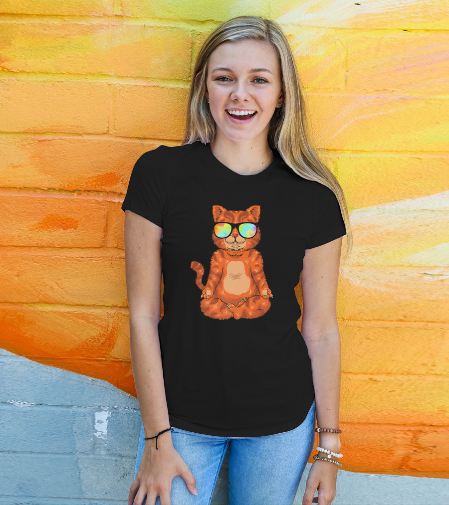 Meditating Cat In Colorful Sunglasses Yoga Pose Cute Drawing T-Shirt