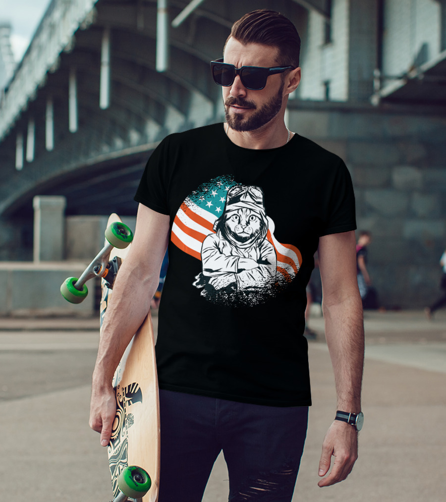 Patriotic Cat Aviator With American Flag For Cat Lovers T-Shirt