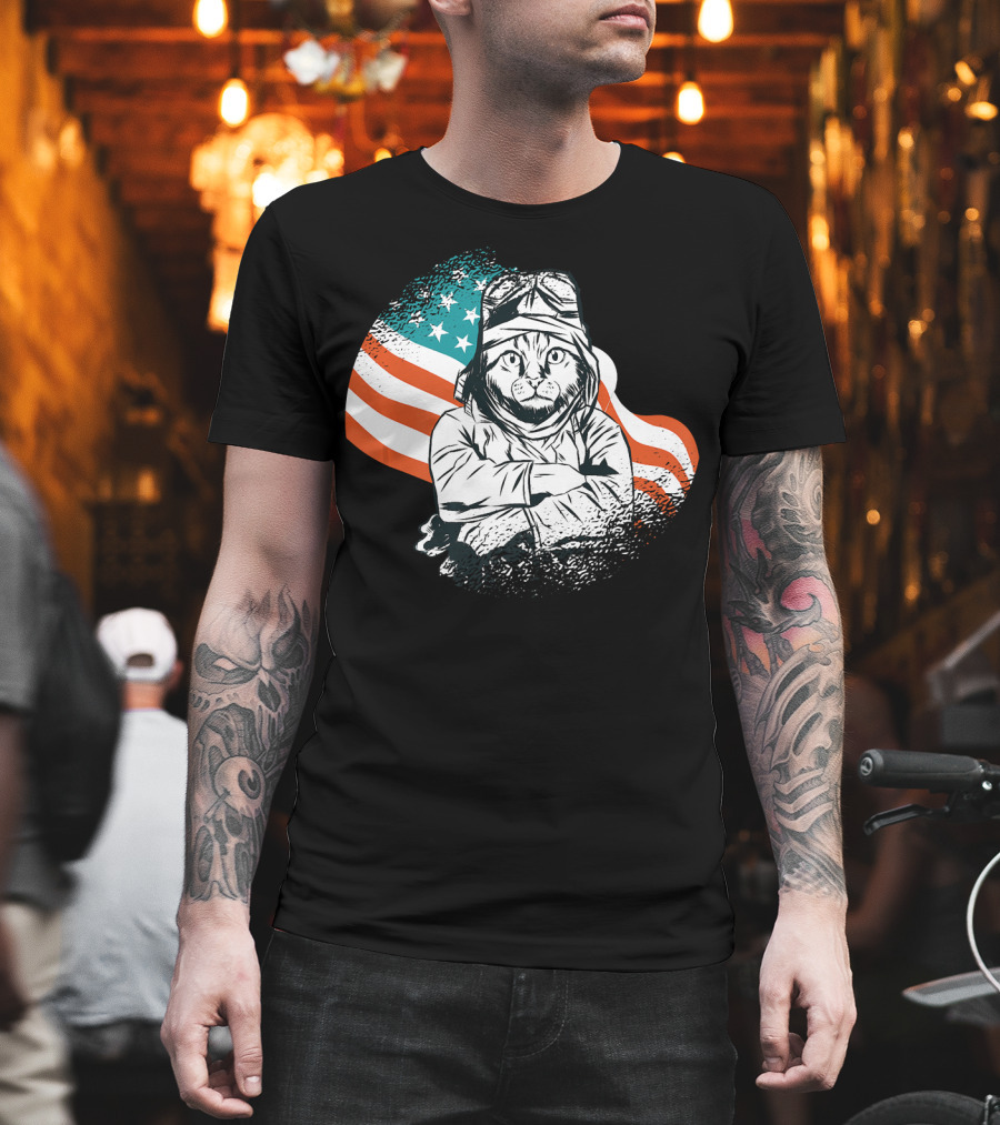Patriotic Cat Aviator With American Flag For Cat Lovers T-Shirt