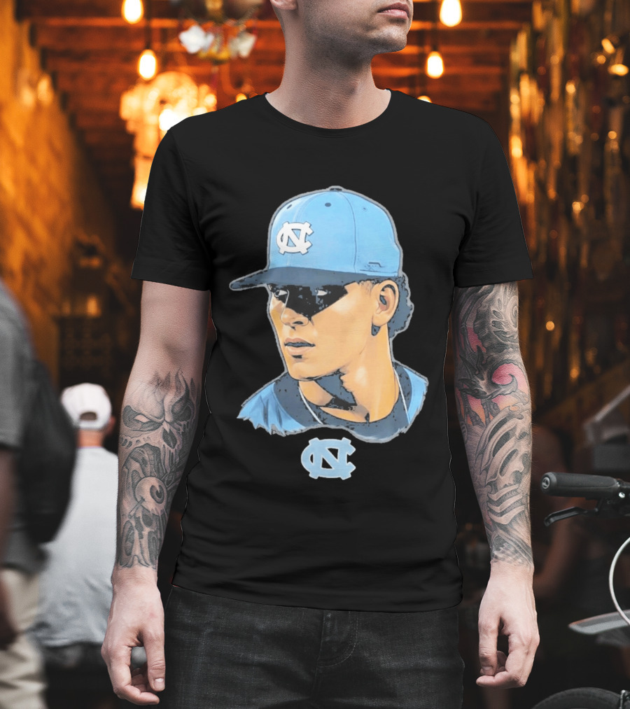 UNC Tar Heels Baseball Portrait Comic Style Navy Blue Cap T-Shirt