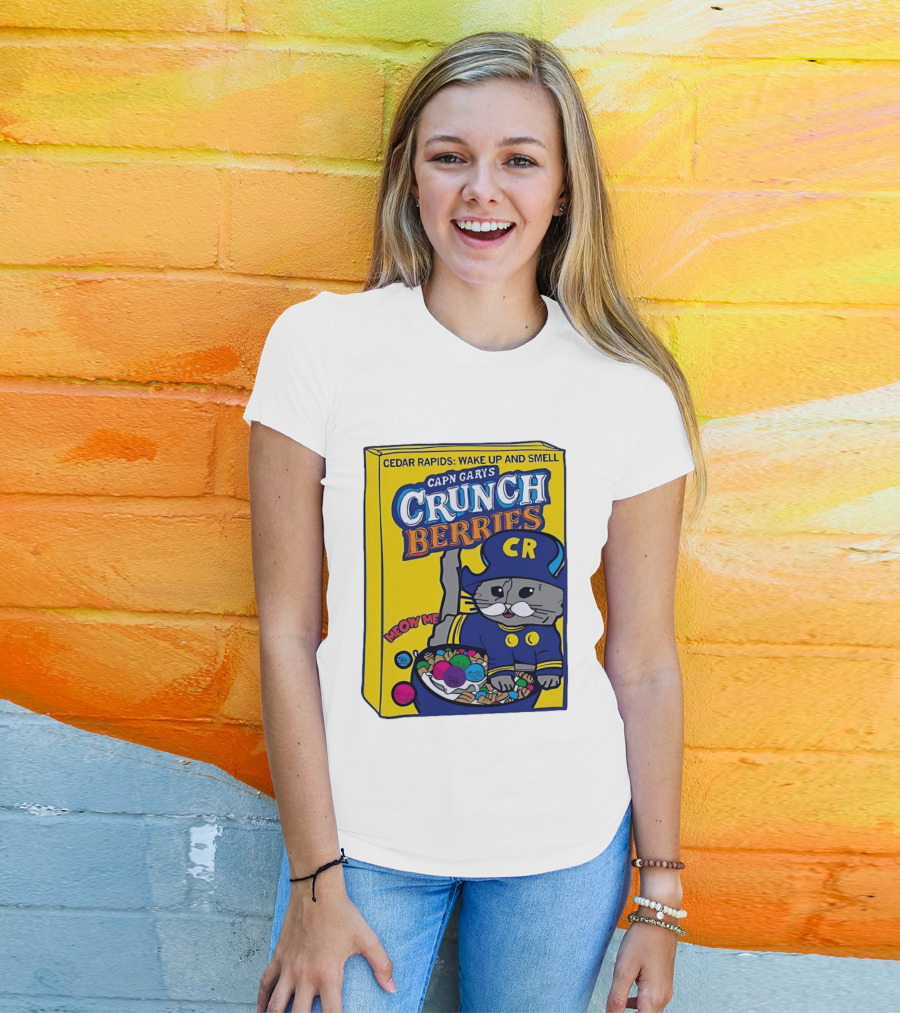 Cedar Rapids Wake Up And Smell Capn Garys Crunch Berries Meow Me Cat T-Shirt