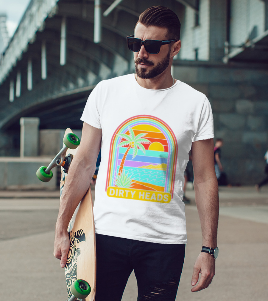 Dirty Heads Tropical Beach Palm Tree Rainbow Arch Sunset T-Shirt