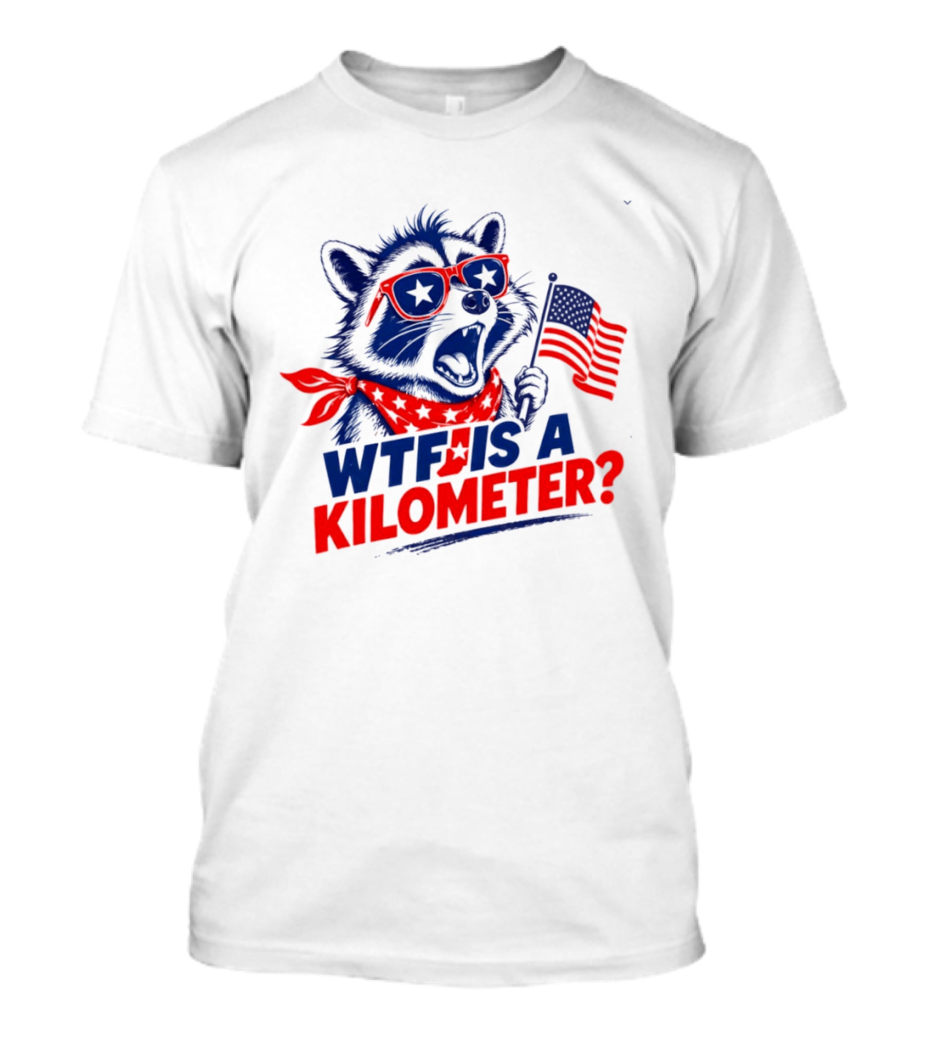 WTF Is A Kilometer Star Spangled Raccoon Holding American Flag 4th Of July T-Shirt