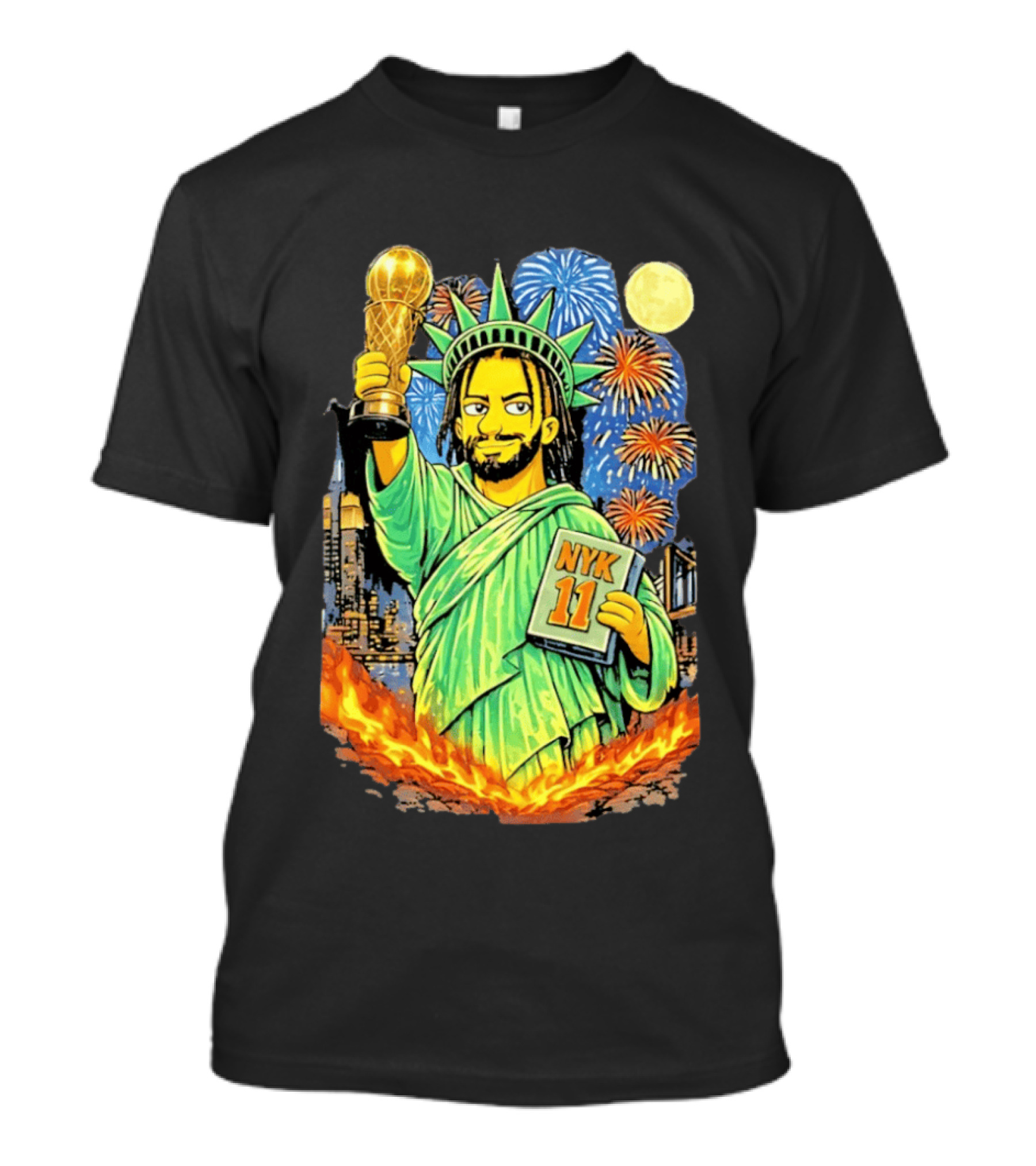 New York Knicks Jalen Brunson As Statue Of Liberty NYK 11 With Trophy And Fireworks T-Shirt