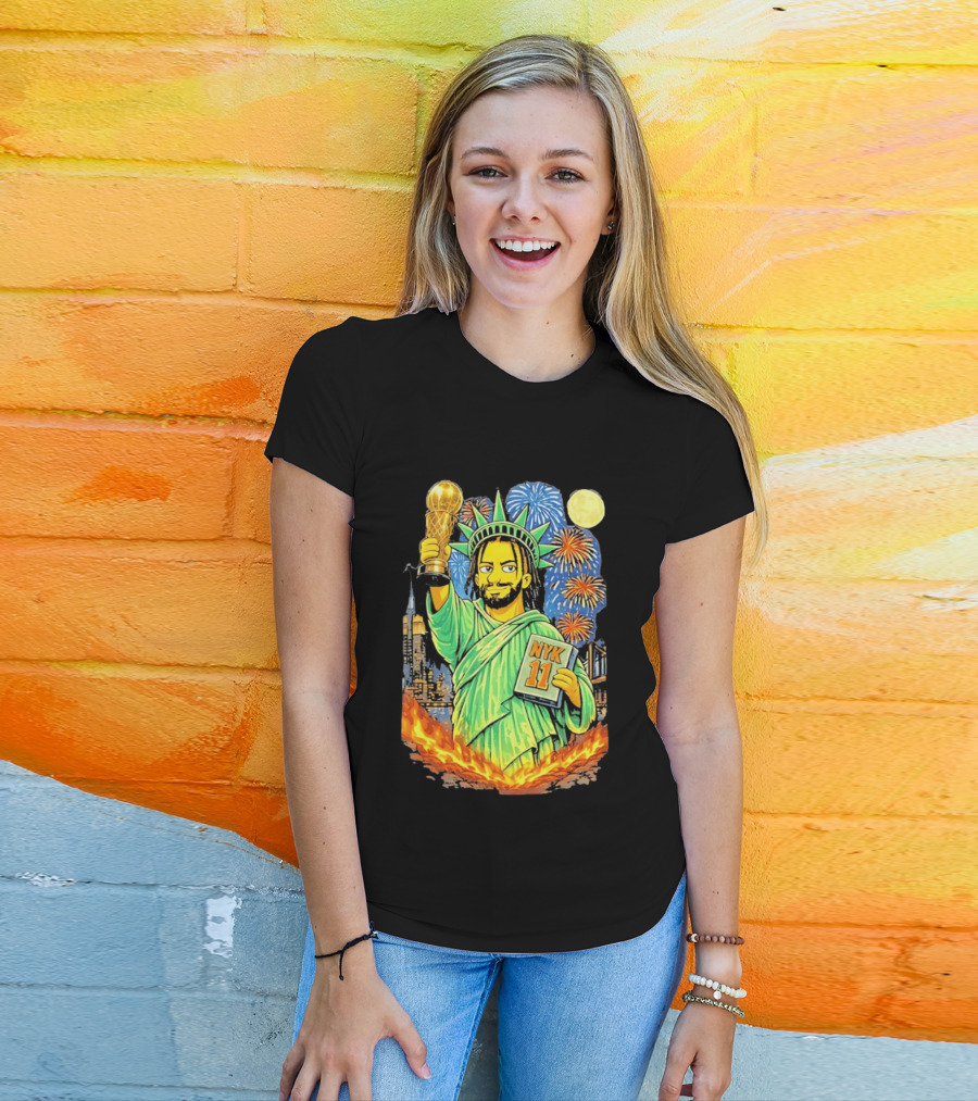 New York Knicks Jalen Brunson As Statue Of Liberty NYK 11 With Trophy And Fireworks T-Shirt