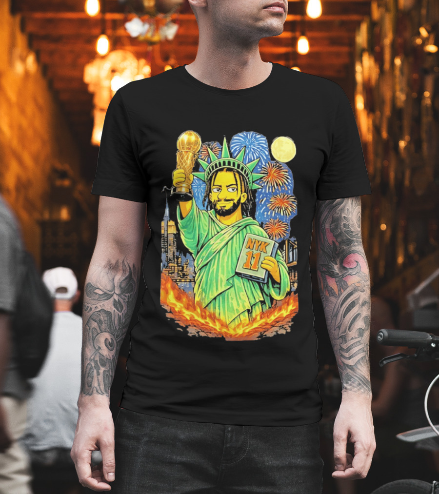 New York Knicks Jalen Brunson As Statue Of Liberty NYK 11 With Trophy And Fireworks T-Shirt