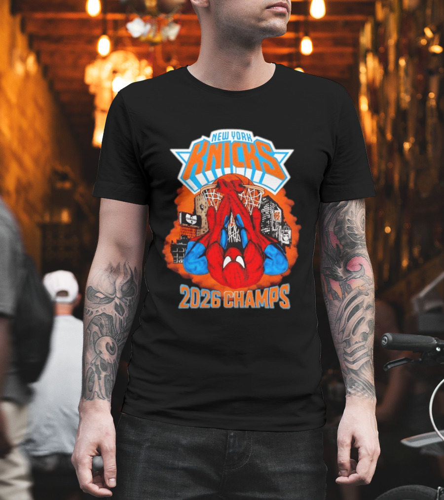 New York Knicks Spider Man 2026 Champs Basketball Celebration T-Shirt