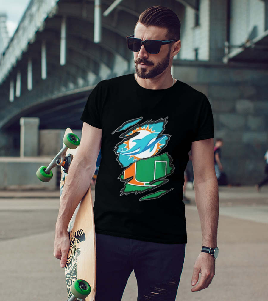 Miami Dolphins And Miami Hurricanes Two Teams One Heart Scratch T-Shirt