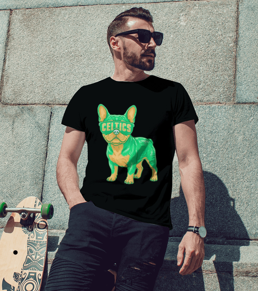 Boston Celtics French Bulldog Wearing Celtics Glasses T-Shirt