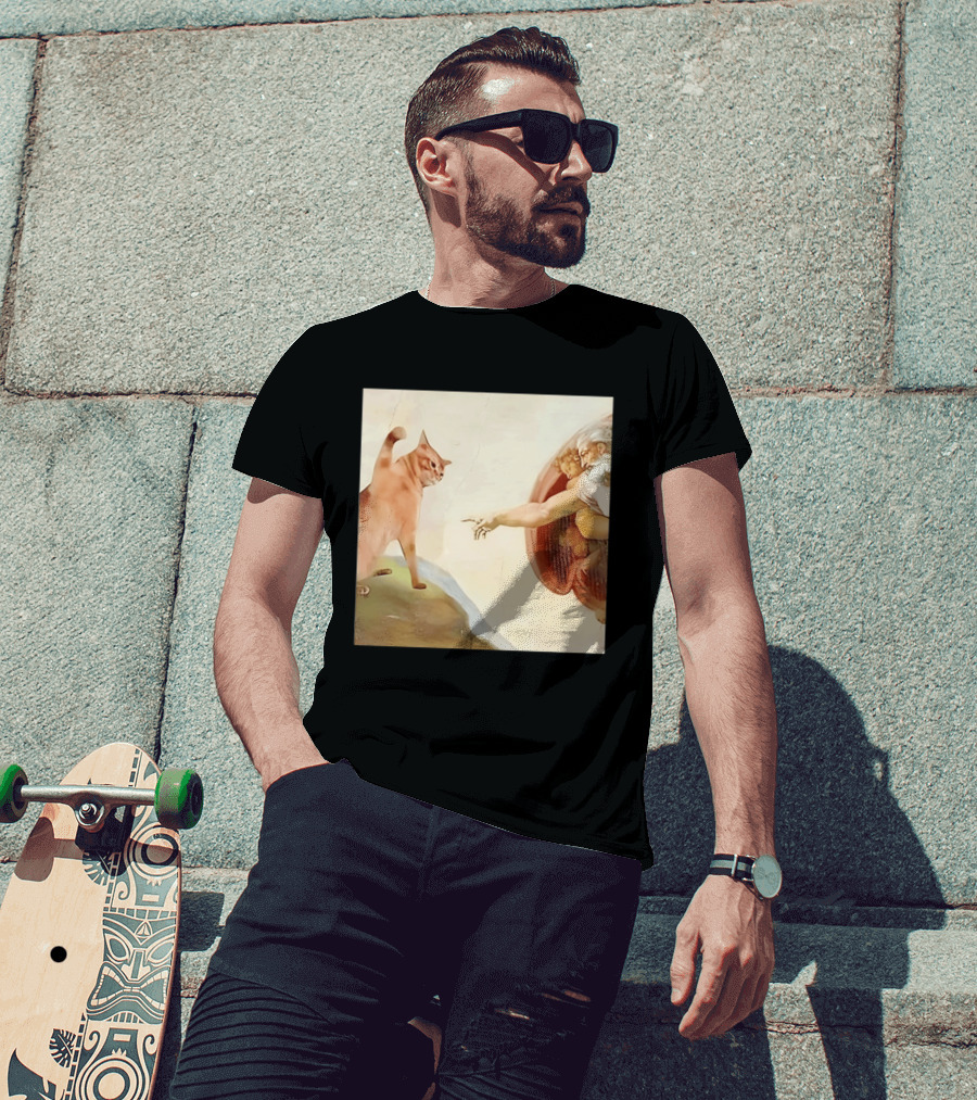 Floppa Meets Creation In Iconic God Touching Fingers Scene T-Shirt