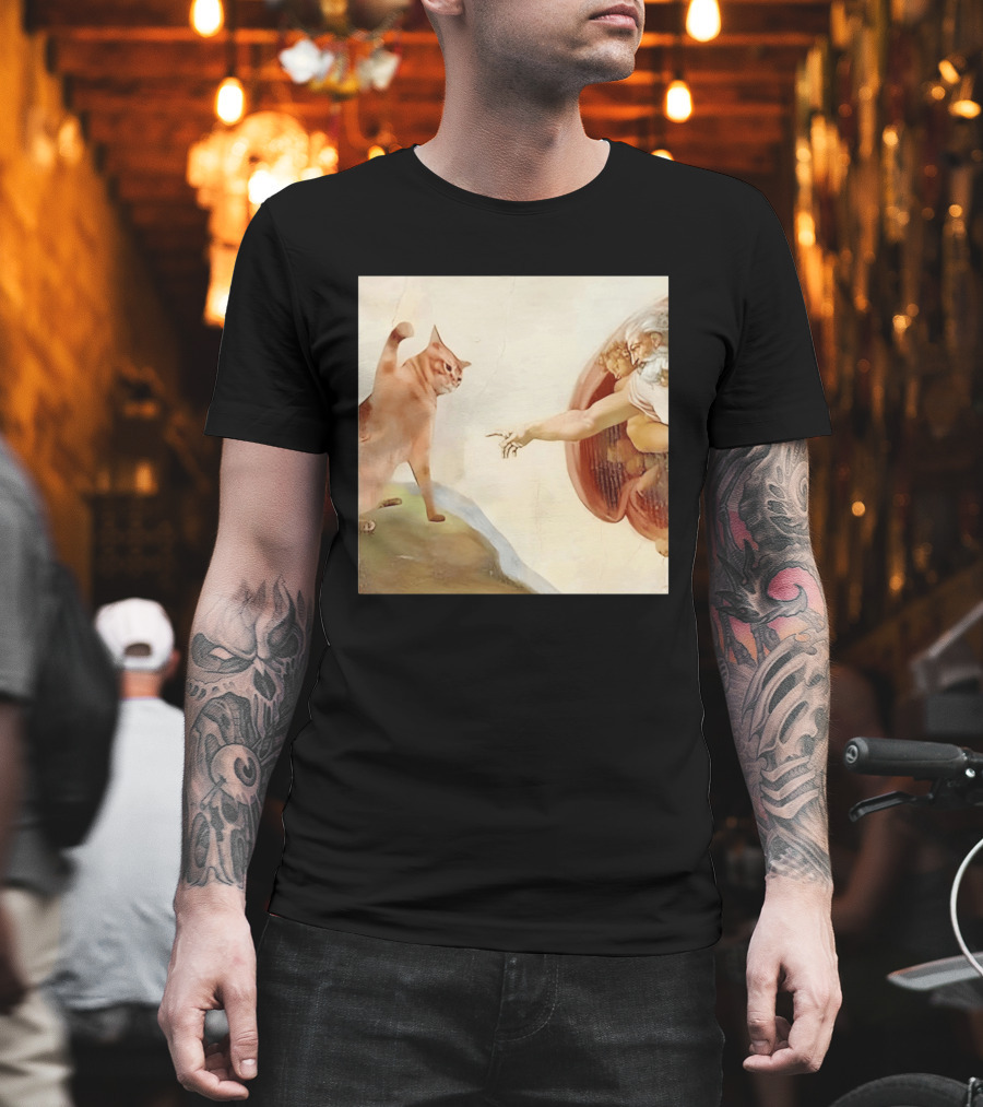 Floppa Meets Creation In Iconic God Touching Fingers Scene T-Shirt