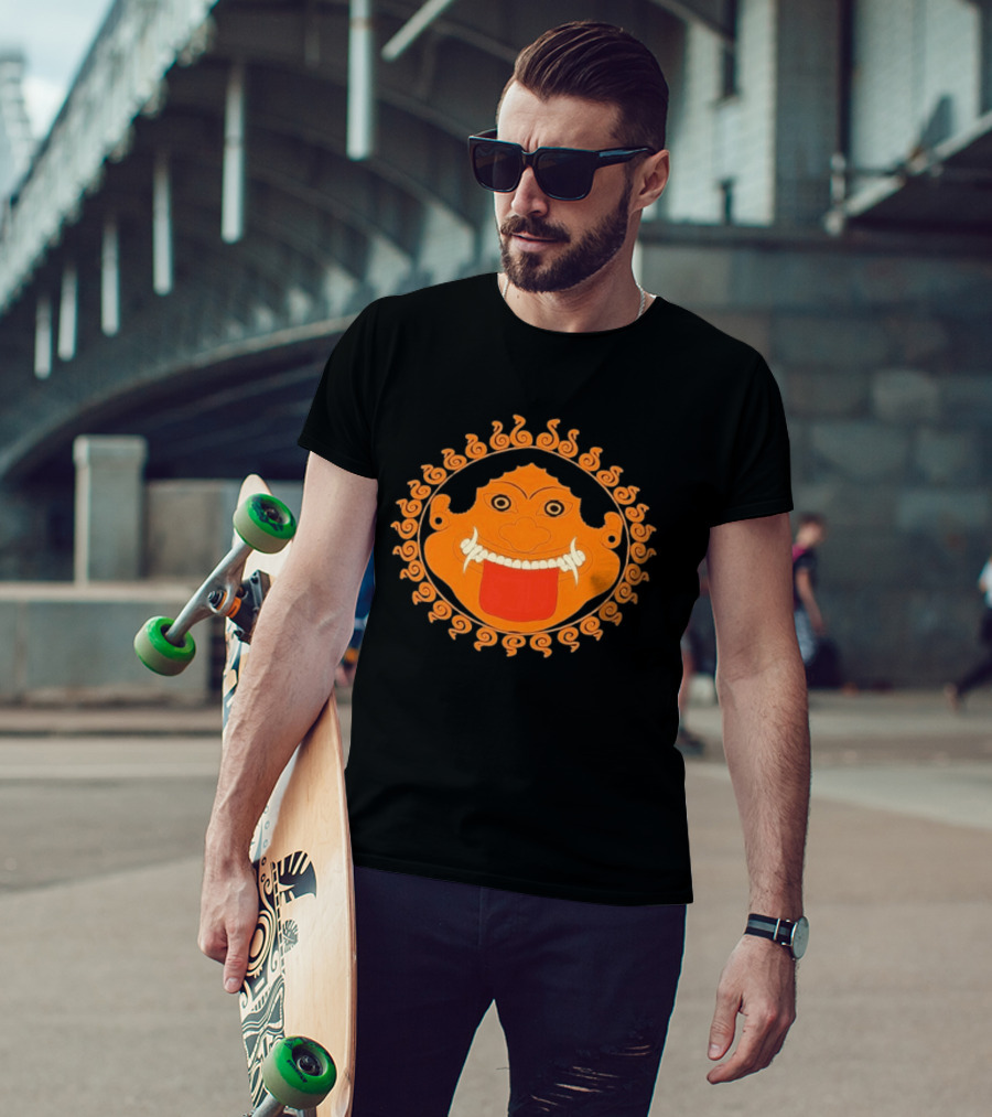 Medusa Gorgon Greek Mythology Monstrous Mask Icon With Orange Spirals T-Shirt