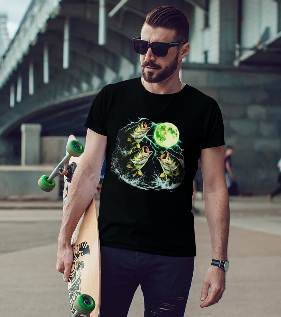 Bass Jumping Full Moon Night Wildlife Nature Scene T-Shirt