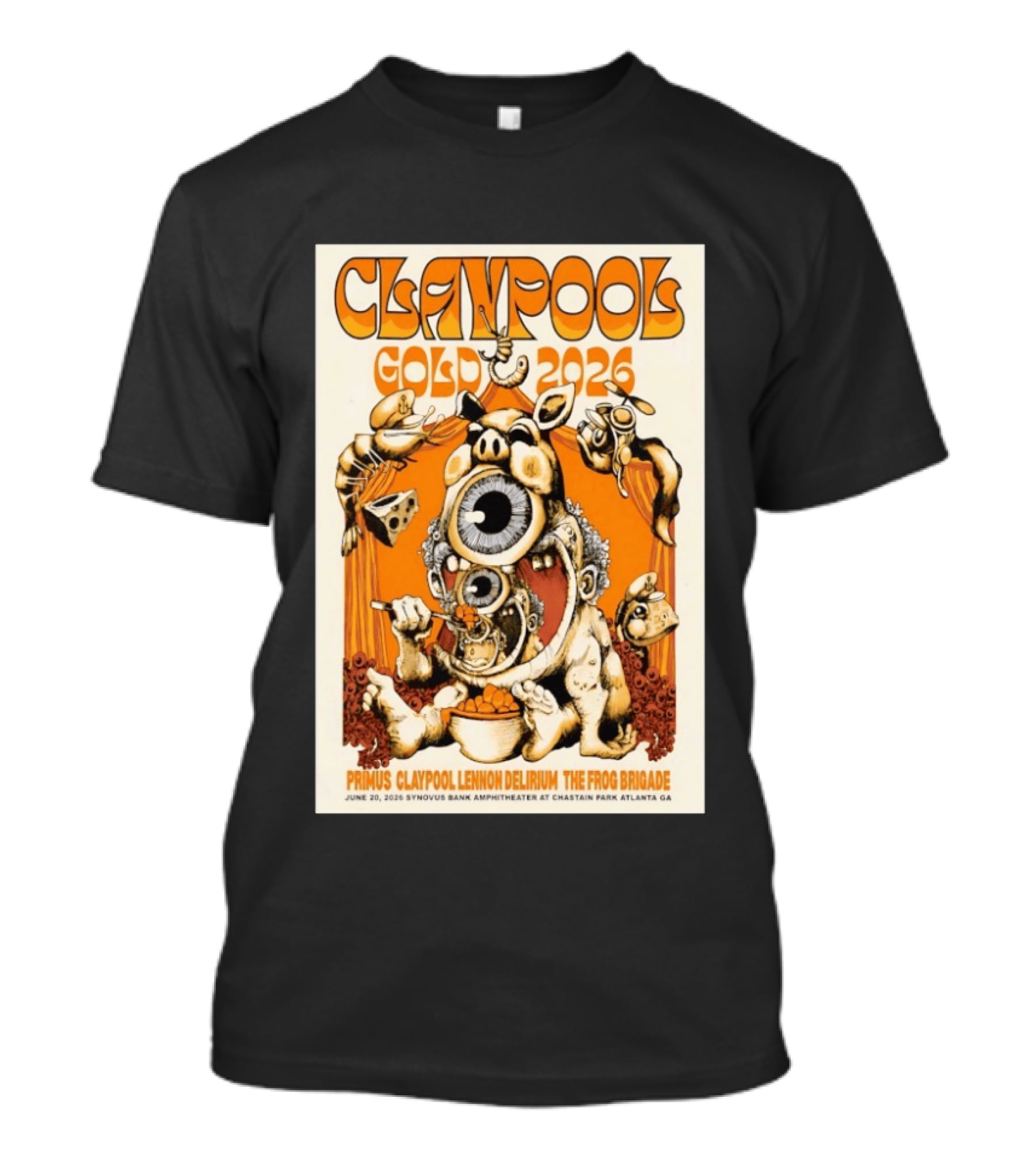 Claypool Gold 2026 Primus Lennon Delirium The Frog Brigade Atlanta June 20 Synovus Bank Amphitheater T-Shirt