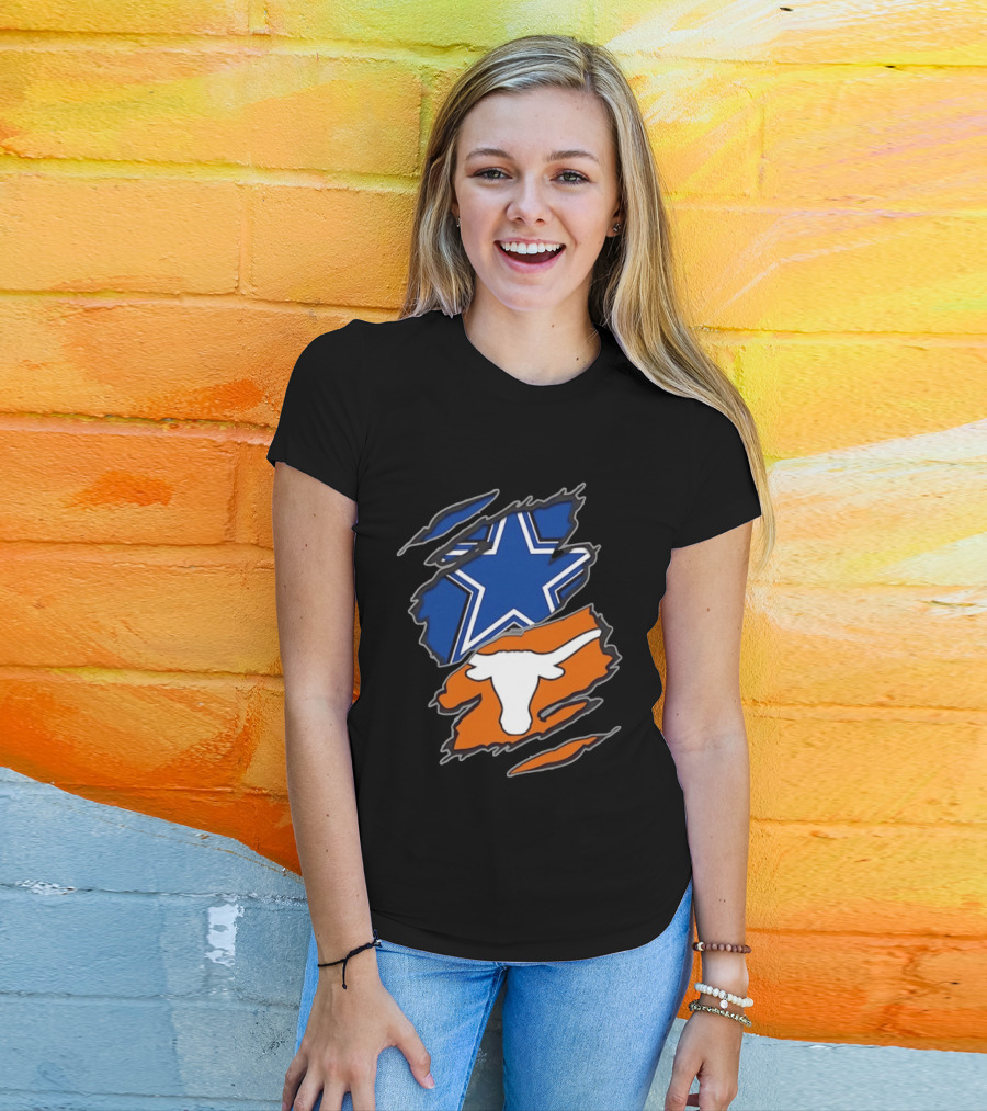 Dallas Cowboys Texas Longhorns Two Teams One Heart Scratch Torn Star Helmet T-Shirt