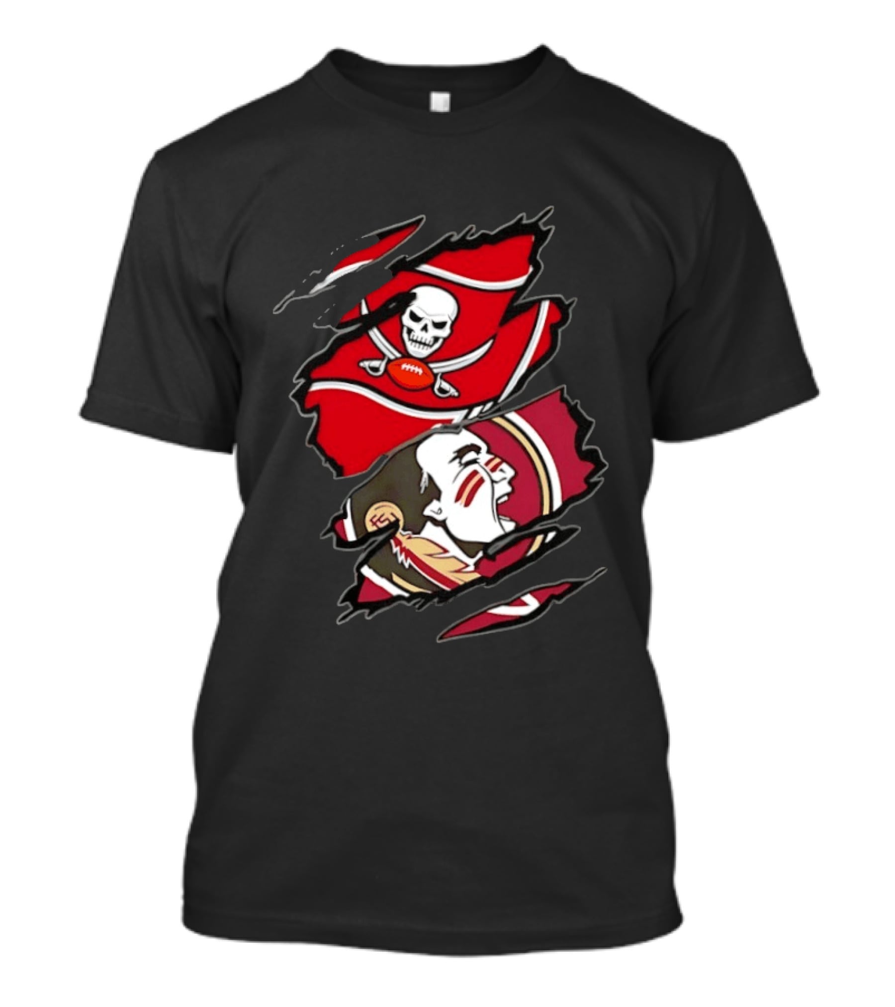 Tampa Bay Buccaneers And Florida State Seminoles Two Teams One Heart Scratch Skull Flag Warrior Face T-Shirt