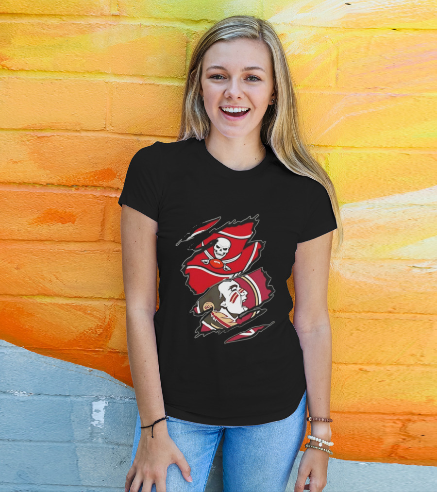 Tampa Bay Buccaneers And Florida State Seminoles Two Teams One Heart Scratch Skull Flag Warrior Face T-Shirt