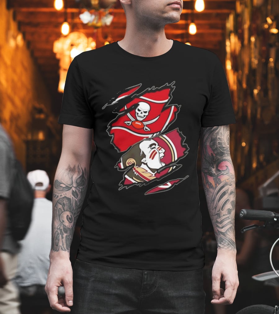 Tampa Bay Buccaneers And Florida State Seminoles Two Teams One Heart Scratch Skull Flag Warrior Face T-Shirt