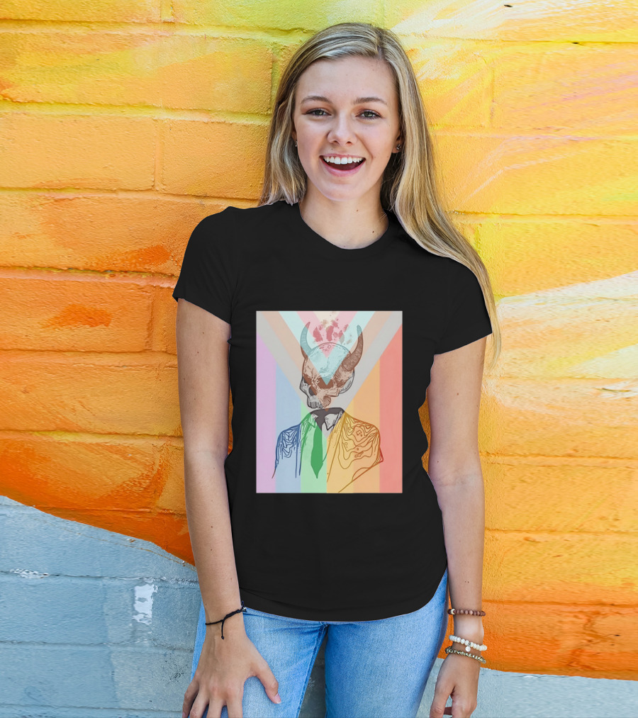 Horned Devil Skull Suit Pride Flag Surrealism Abstract Colorful T-Shirt