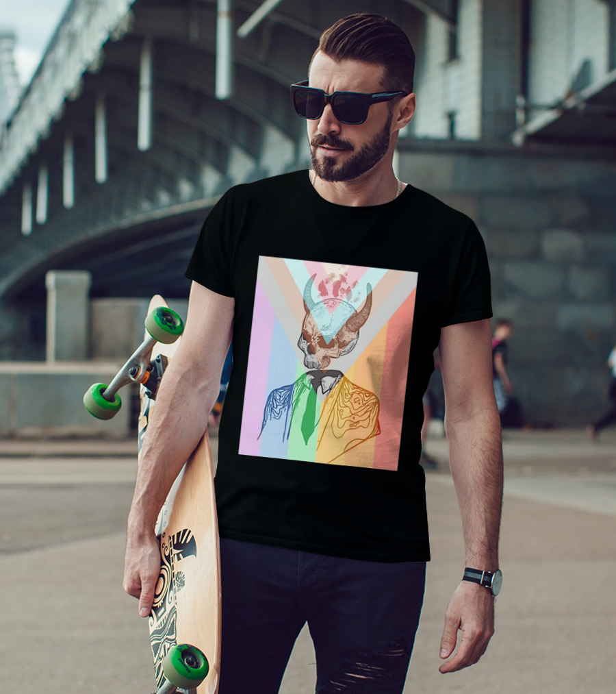 Horned Devil Skull Suit Pride Flag Surrealism Abstract Colorful T-Shirt