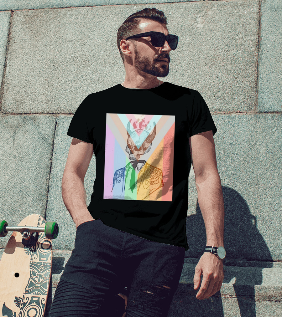 Horned Devil Skull Suit Pride Flag Surrealism Abstract Colorful T-Shirt