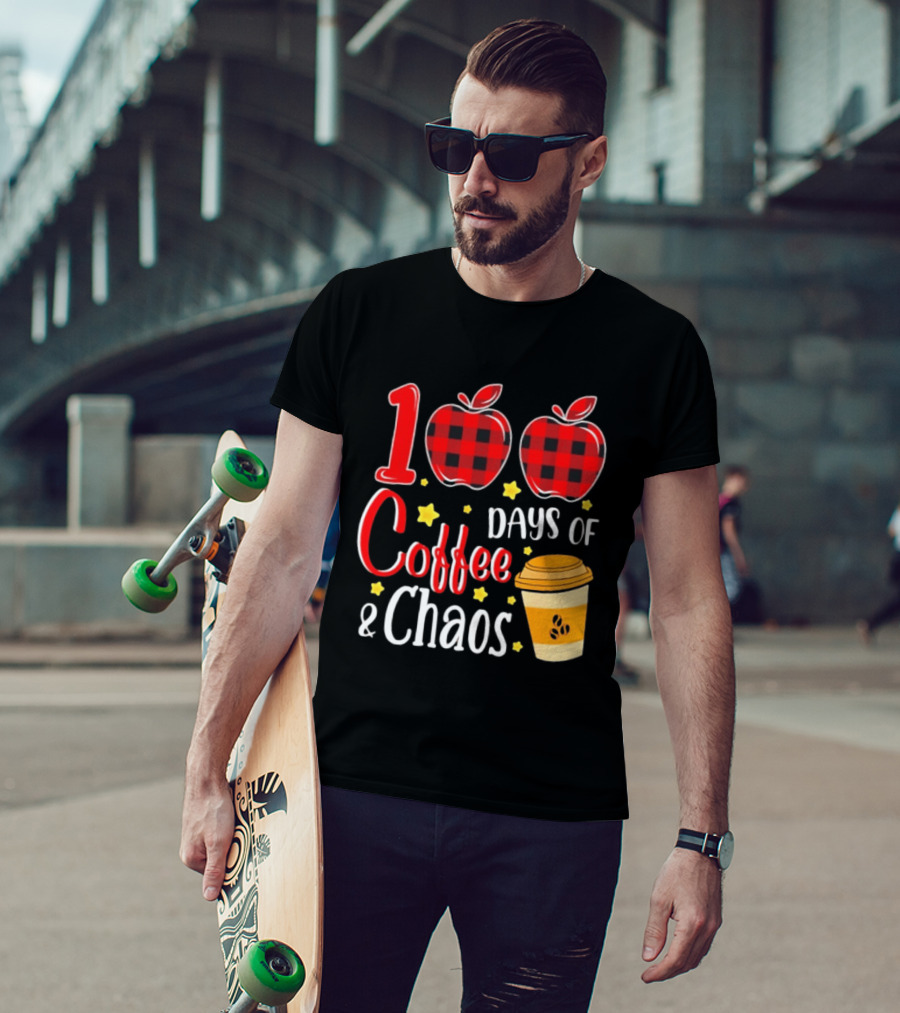 100 Days Of Coffee And Chaos Plaid Apple School Teacher Fun T-Shirt