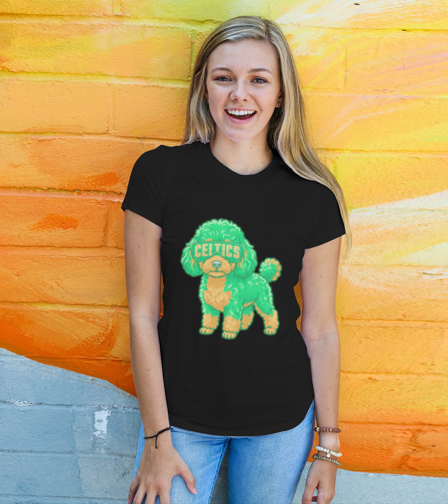 Boston Celtics Teacup Poodle Cartoon With Celtics Sunglasses T-Shirt