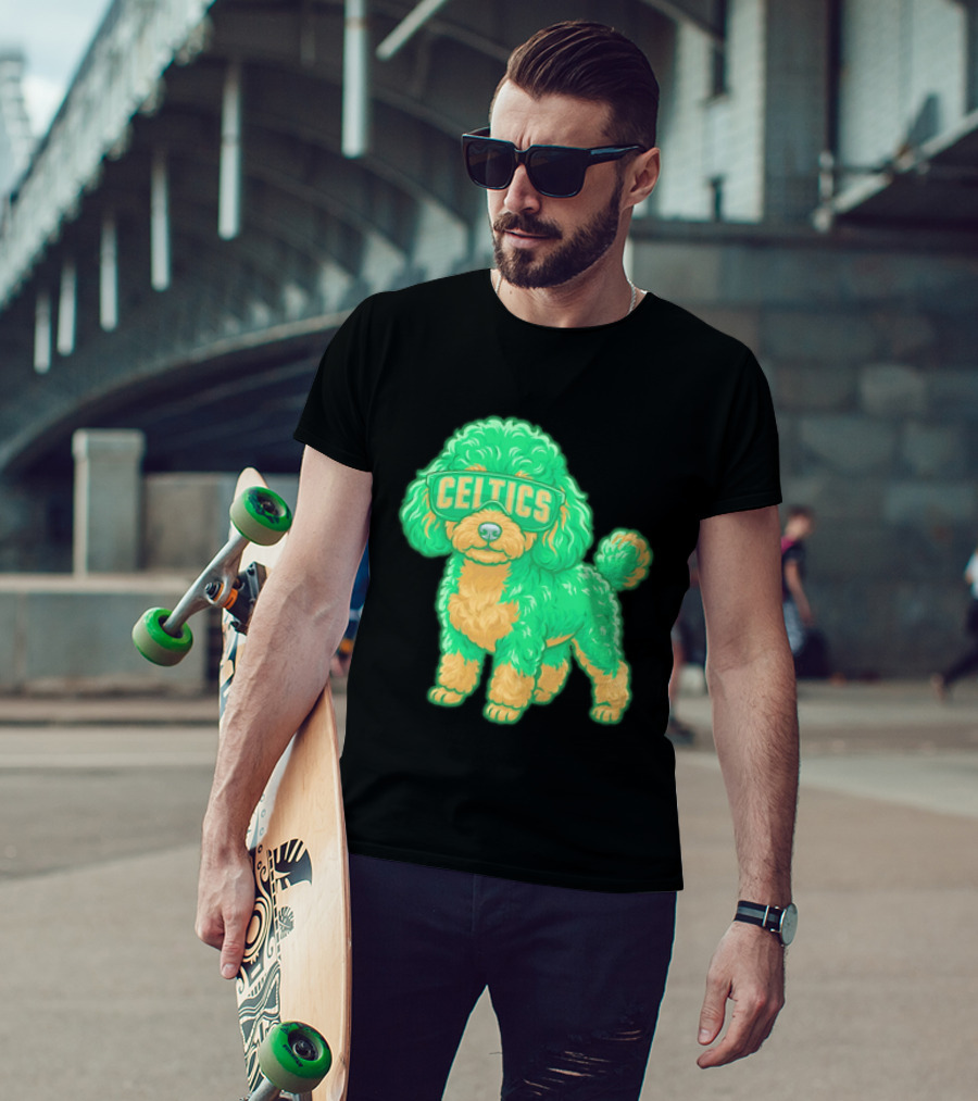 Boston Celtics Teacup Poodle Cartoon With Celtics Sunglasses T-Shirt