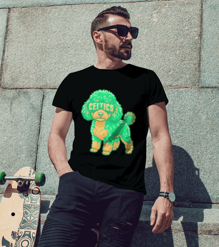 Boston Celtics Teacup Poodle Cartoon With Celtics Sunglasses T-Shirt