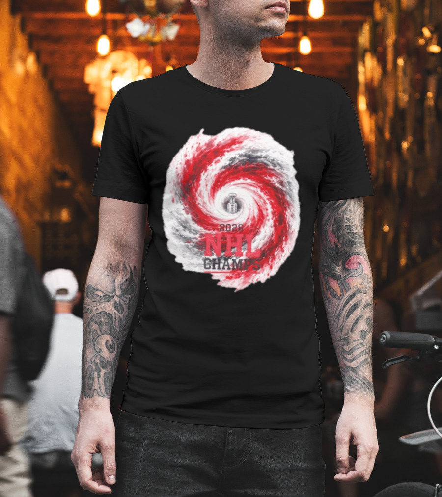 Carolina Hurricanes 2026 NHL Champs Storm With Hockey Trophy And Red Gray Swirl T-Shirt