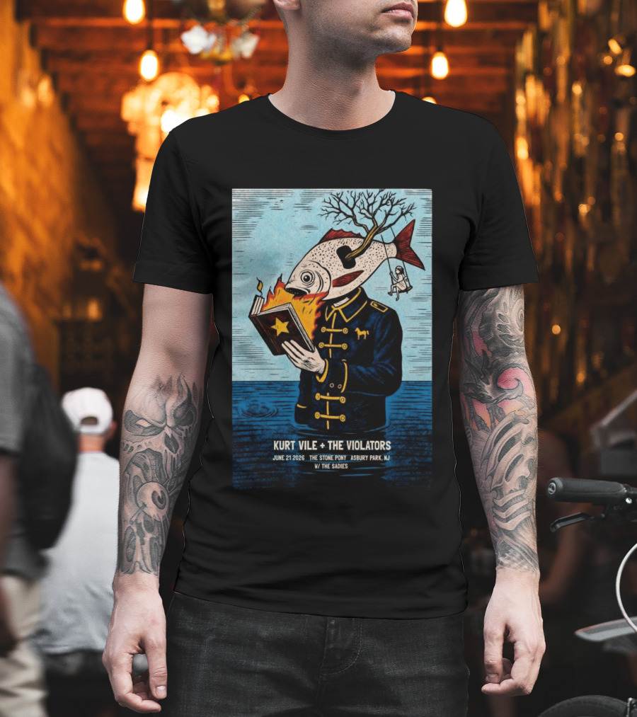 Kurt Vile + The Violators June 21 2026 Stone Pony Asbury Park NJ W/ The Sadies Surreal Fish Head Reading Book Burning Tree Swing T-Shirt