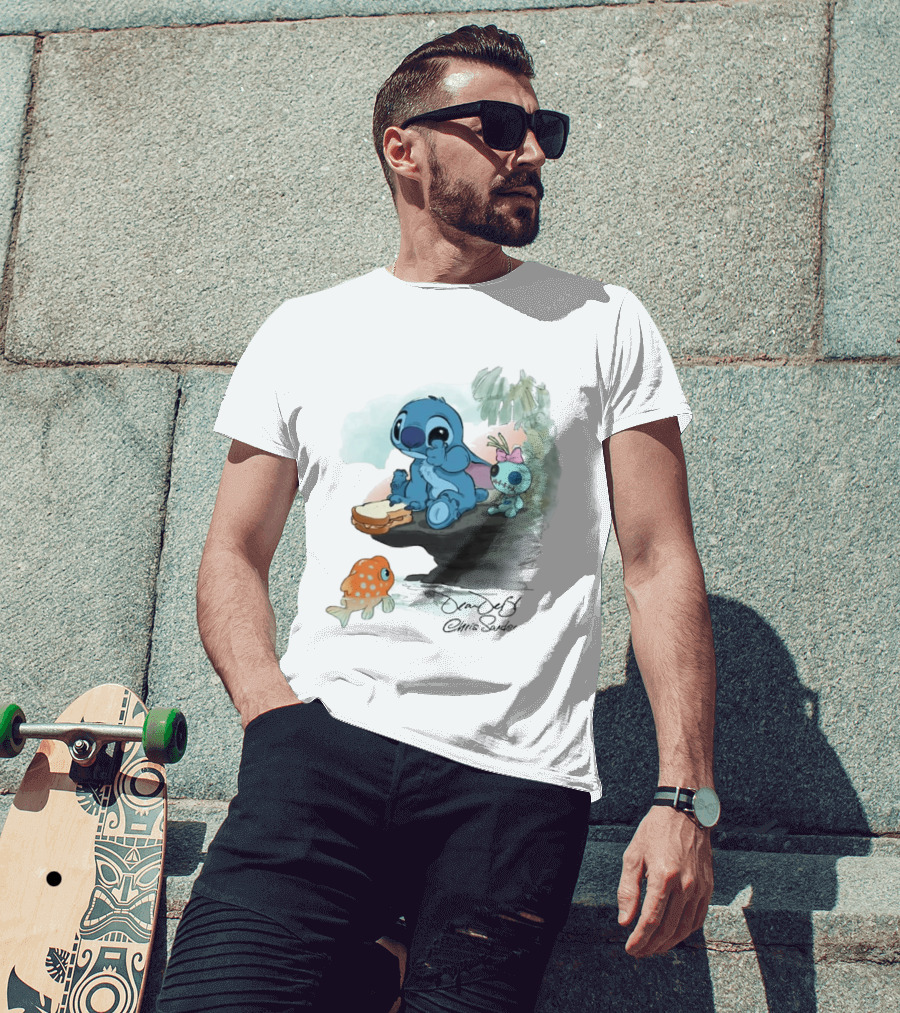 Lilo & Stitch Ohana Alii Stitch And Scrump With Fish And Sandwich T-Shirt