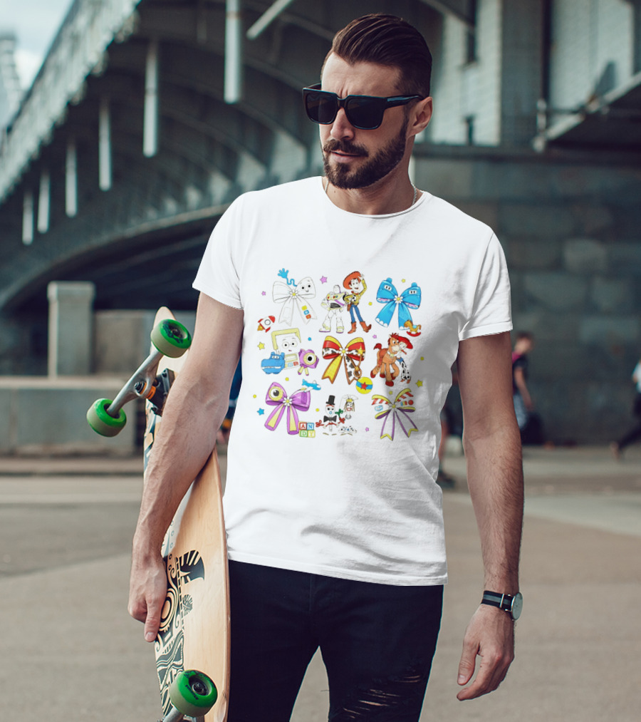 Woody Buzz Jessie Forky Andy Toy Story Characters With Colorful Bows T-Shirt