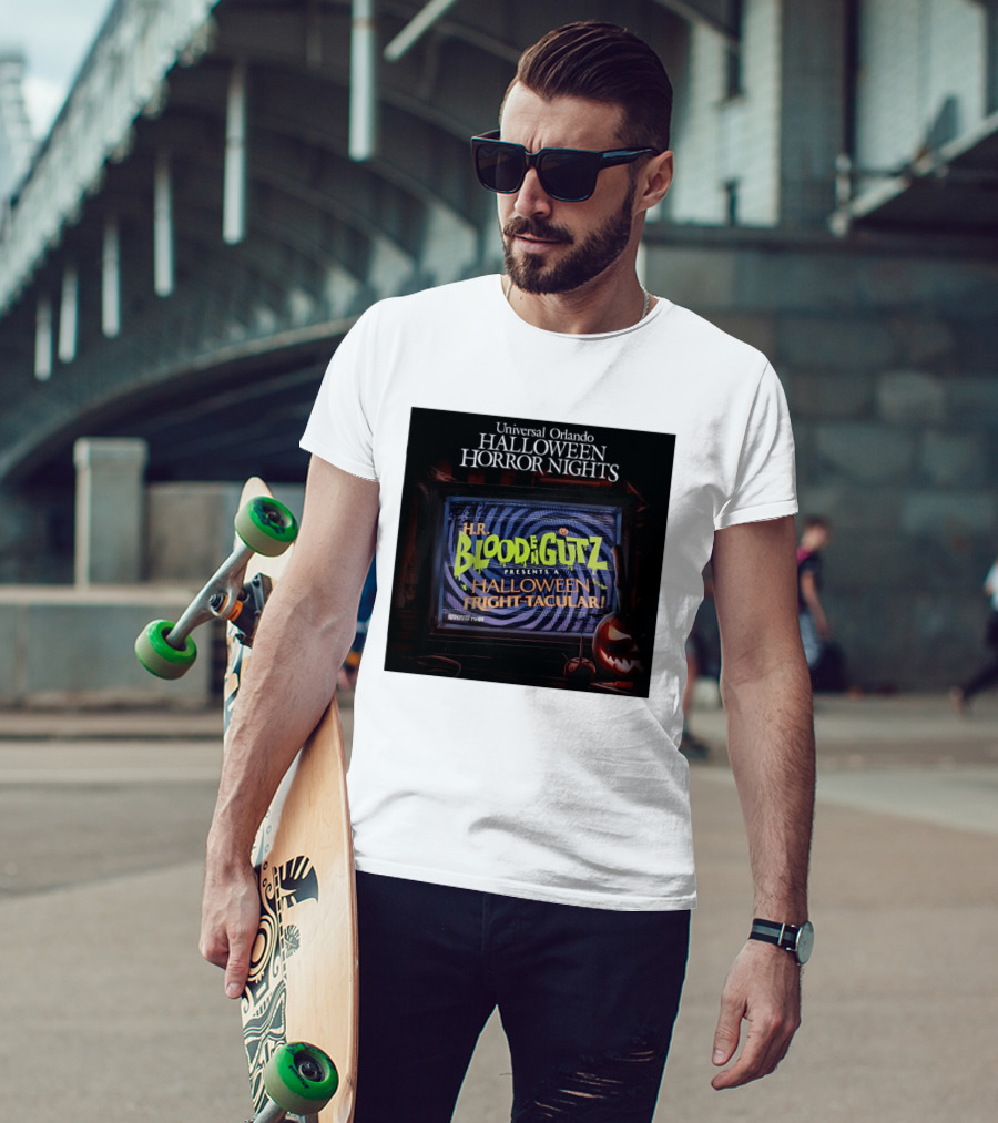 Universal Orlando Halloween Horror Nights HR Blood N Gutz Presents A Halloween Fright Tacular TV Experience T-Shirt