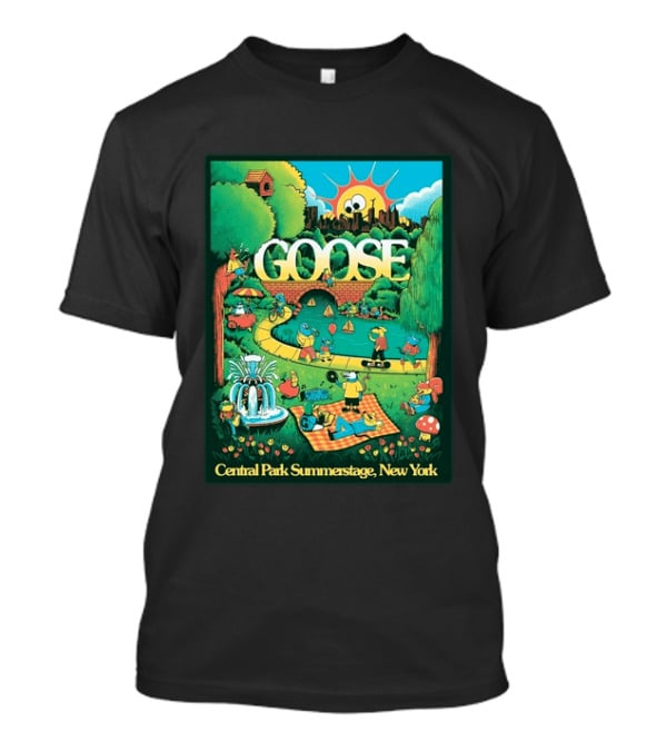 Goose Central Park Summerstage New York 2026 June 21 Lewy Jones Vibrant Park Scene With Sun And Fountain T-Shirt